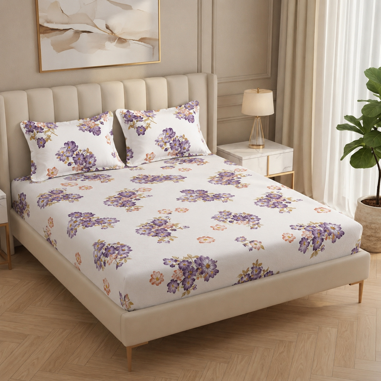 Fabicra Summer Cotton Elastic Fitted King Size Double Bed Bedsheet with 2 Pillow Covers (BOGO)