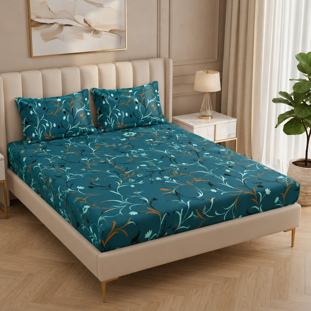 Fabicra Summer Cotton Elastic Fitted King Size Double Bed Bedsheet with 2 Pillow Covers (New)