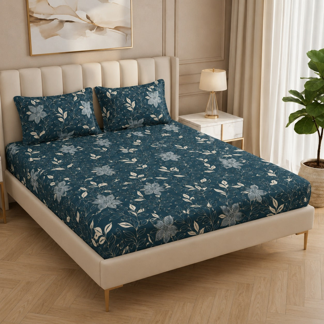 Fabicra Summer Cotton Elastic Fitted King Size Double Bed Bedsheet with 2 Pillow Covers (New)