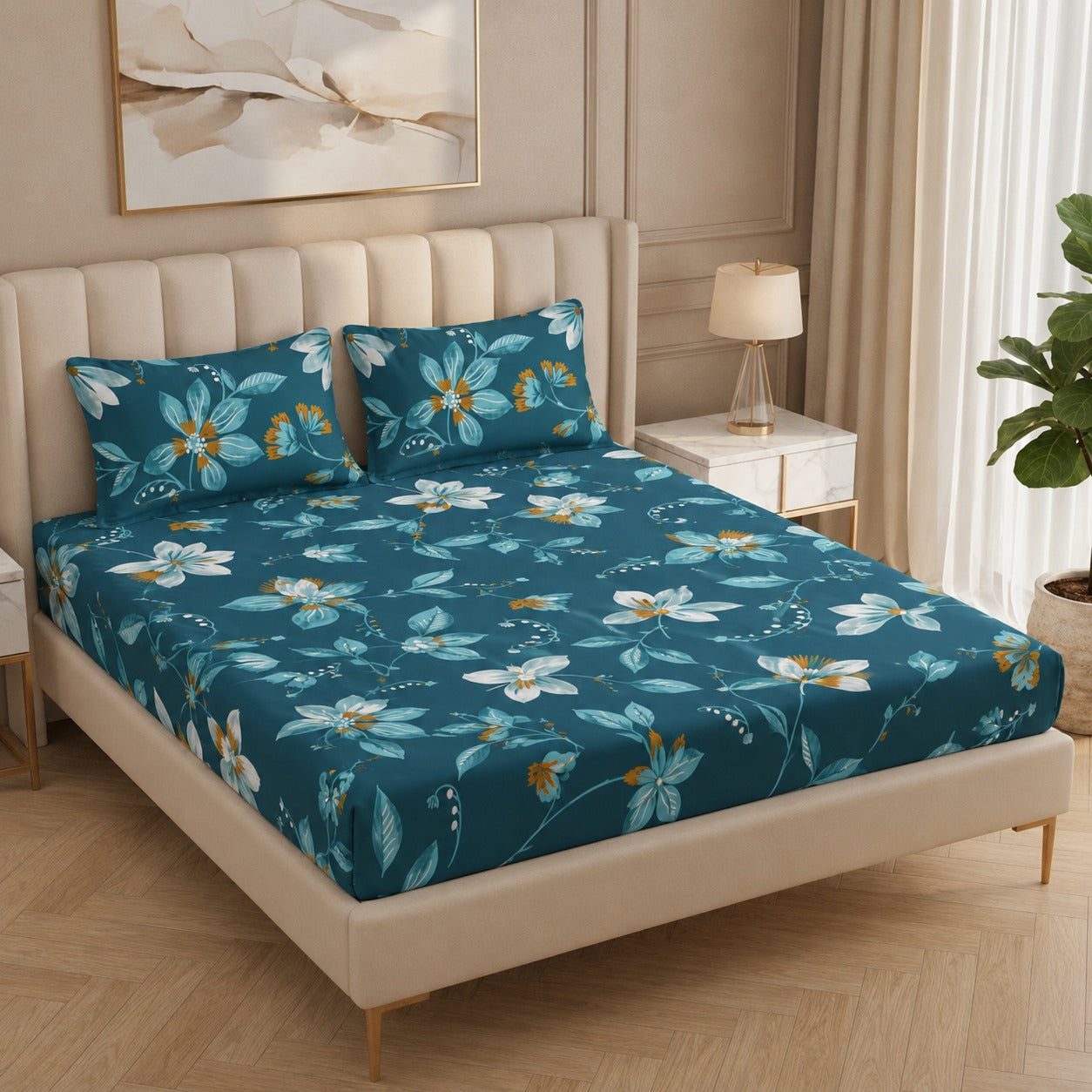 Fabicra Summer Cotton Elastic Fitted King Size Double Bed Bedsheet with 2 Pillow Covers (New)