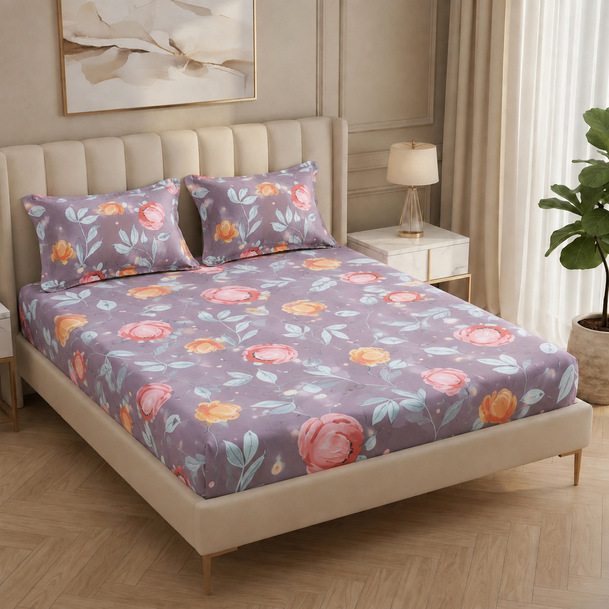 Fabicra Summer Cotton Elastic Fitted King Size Double Bed Bedsheet with 2 Pillow Covers (BOGO)