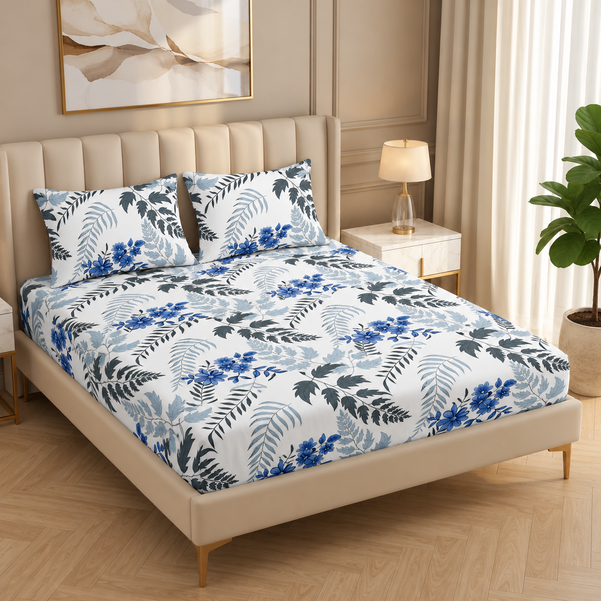 Fabicra Summer Cotton Elastic Fitted King Size Double Bed Bedsheet with 2 Pillow Covers (BOGO)