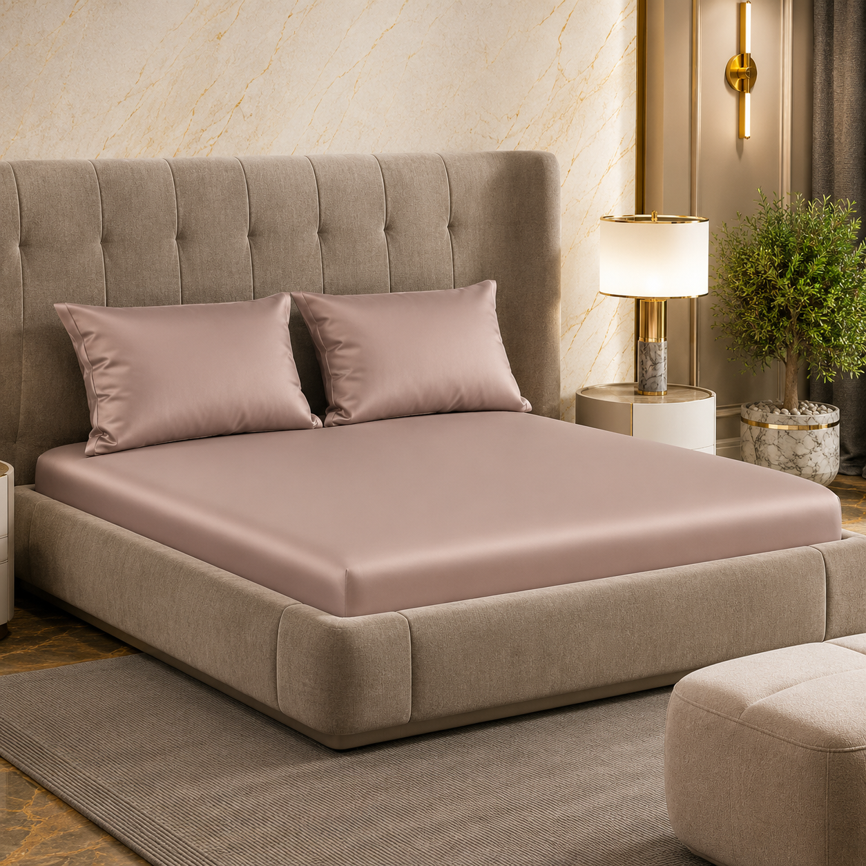 Fabicra Satin Elastic Fitted King Size Double Bed Bedsheet with 2 Pillow Covers (BOGO)