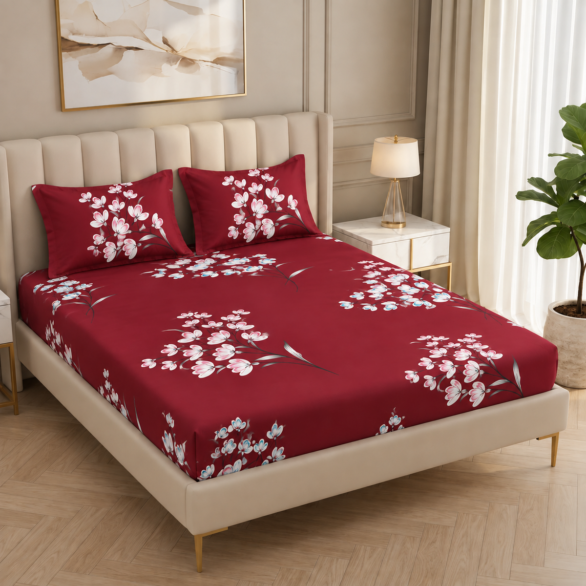 Fabicra Summer Cotton Elastic Fitted King Size Double Bed Bedsheet with 2 Pillow Covers (New)