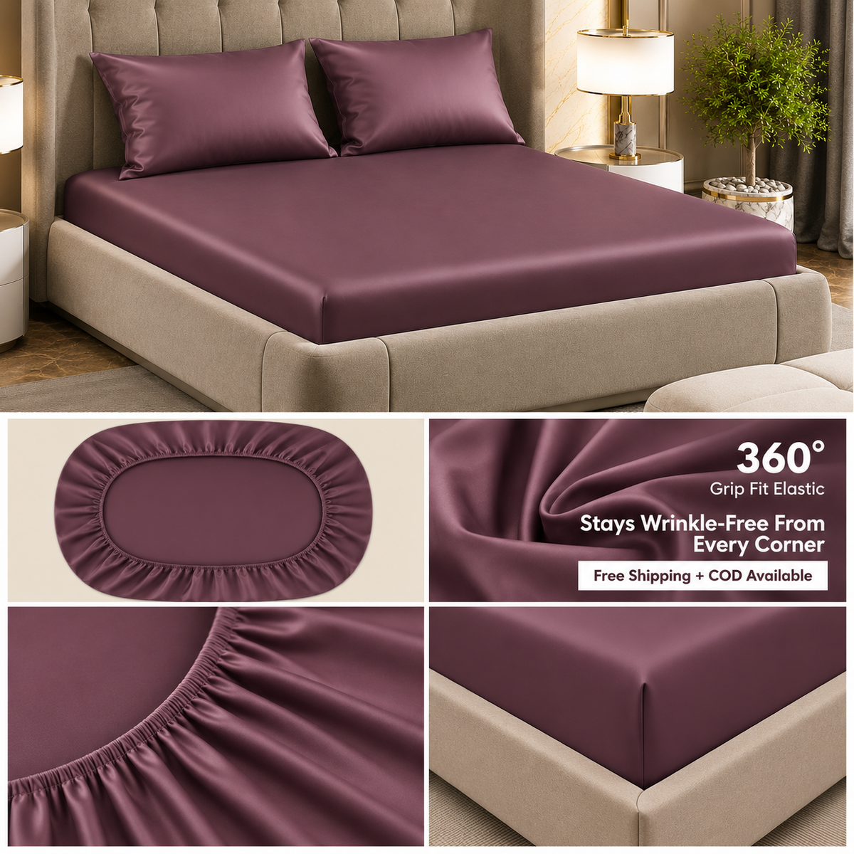 Fabicra Satin Elastic Fitted King Size Double Bed Bedsheet with 2 Pillow Covers