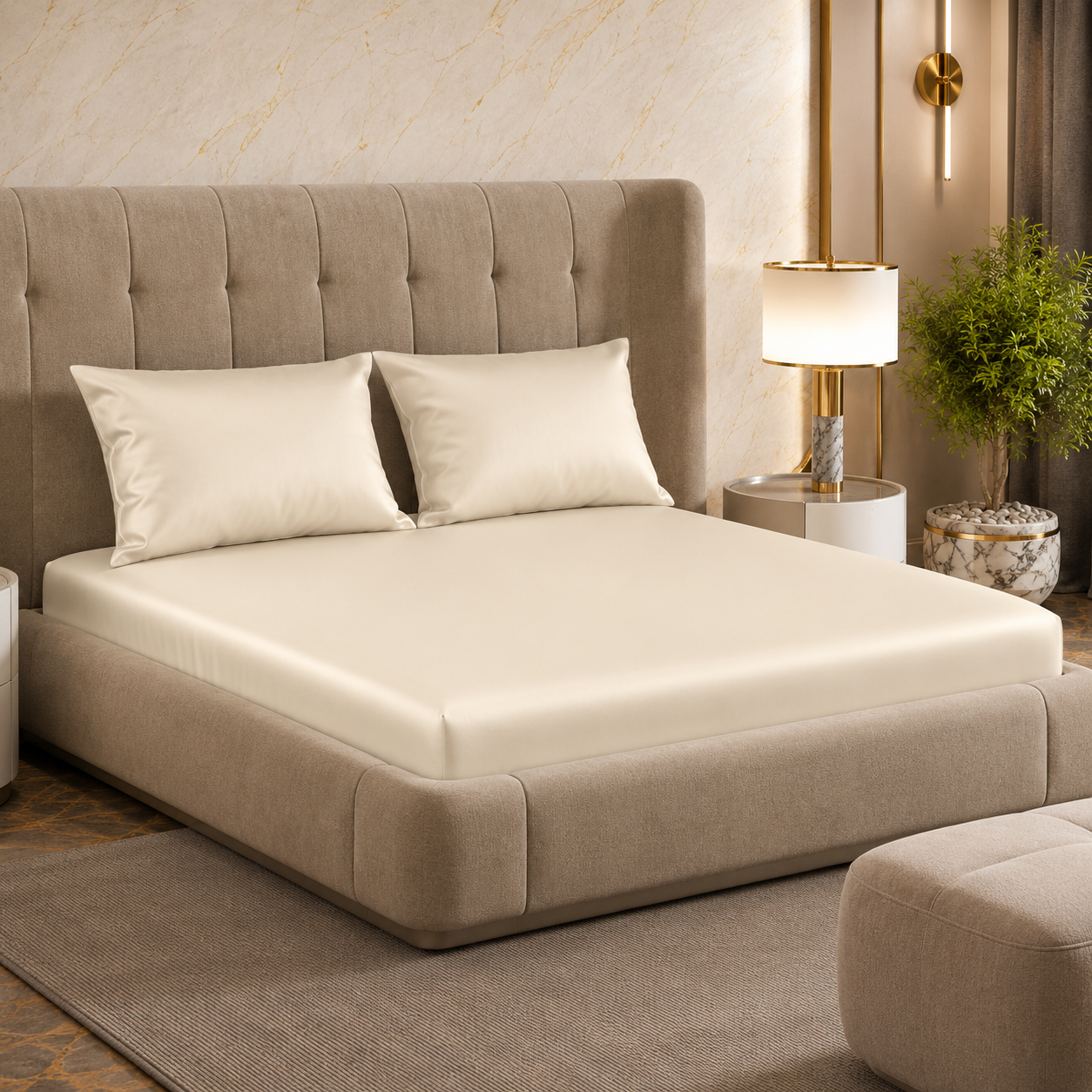 Fabicra Satin Elastic Fitted King Size Double Bed Bedsheet with 2 Pillow Covers