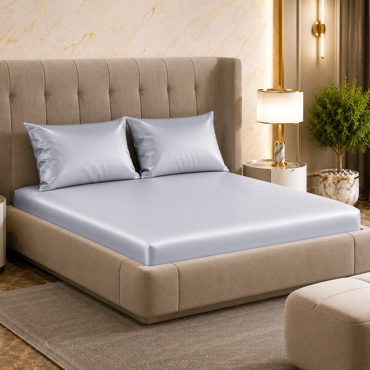 Fabicra Satin Elastic Fitted King Size Double Bed Bedsheet with 2 Pillow Covers