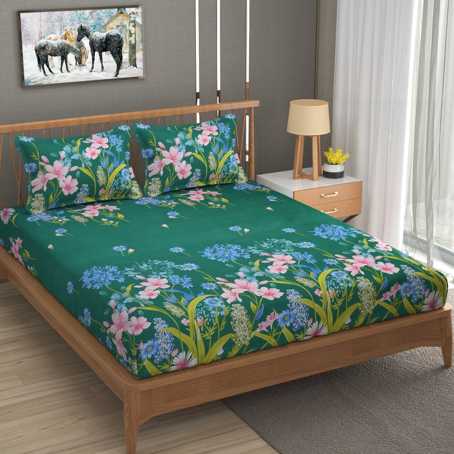 BOGO Fabicra Ultra Premium Elastic Fitted Cotton Blend King Size Double Bed Bedsheet with 2 Pillow Covers
