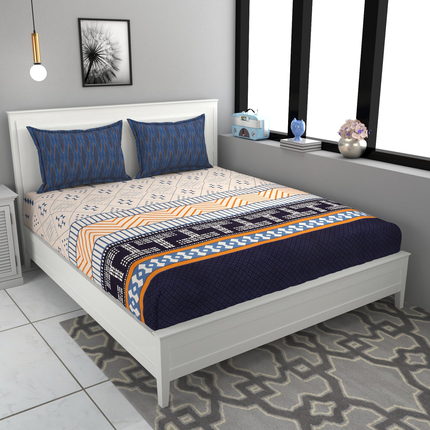Fabicra Premium Designer Elastic Fitted 100% Cotton Double Bed Bedsheets with 2 Coordinated Pillow Covers (OFFER)