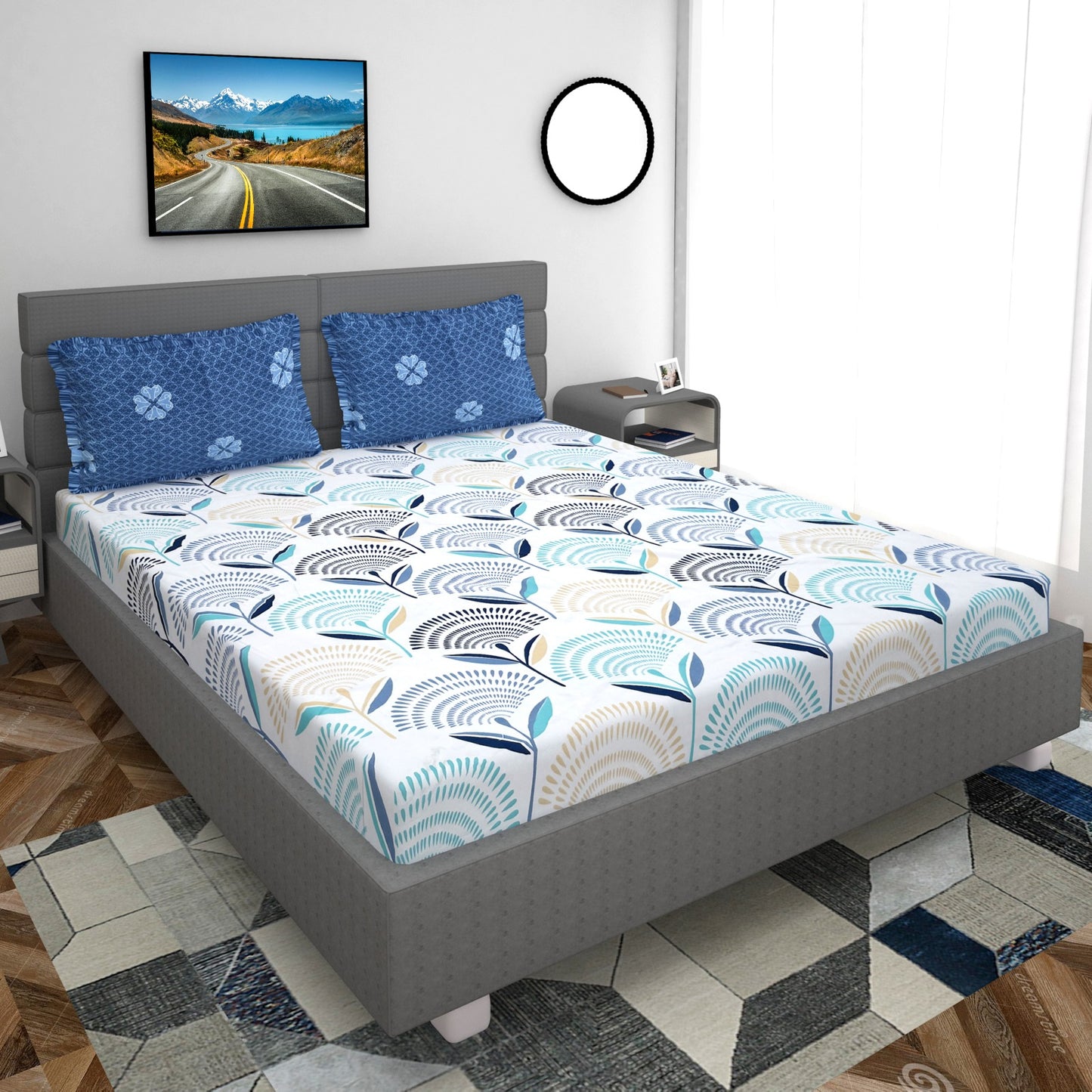 Fabicra Royal Blues Cotton Elastic Fitted King Size Double Bed Bedsheet with 2 Pillow Covers (OFFER)