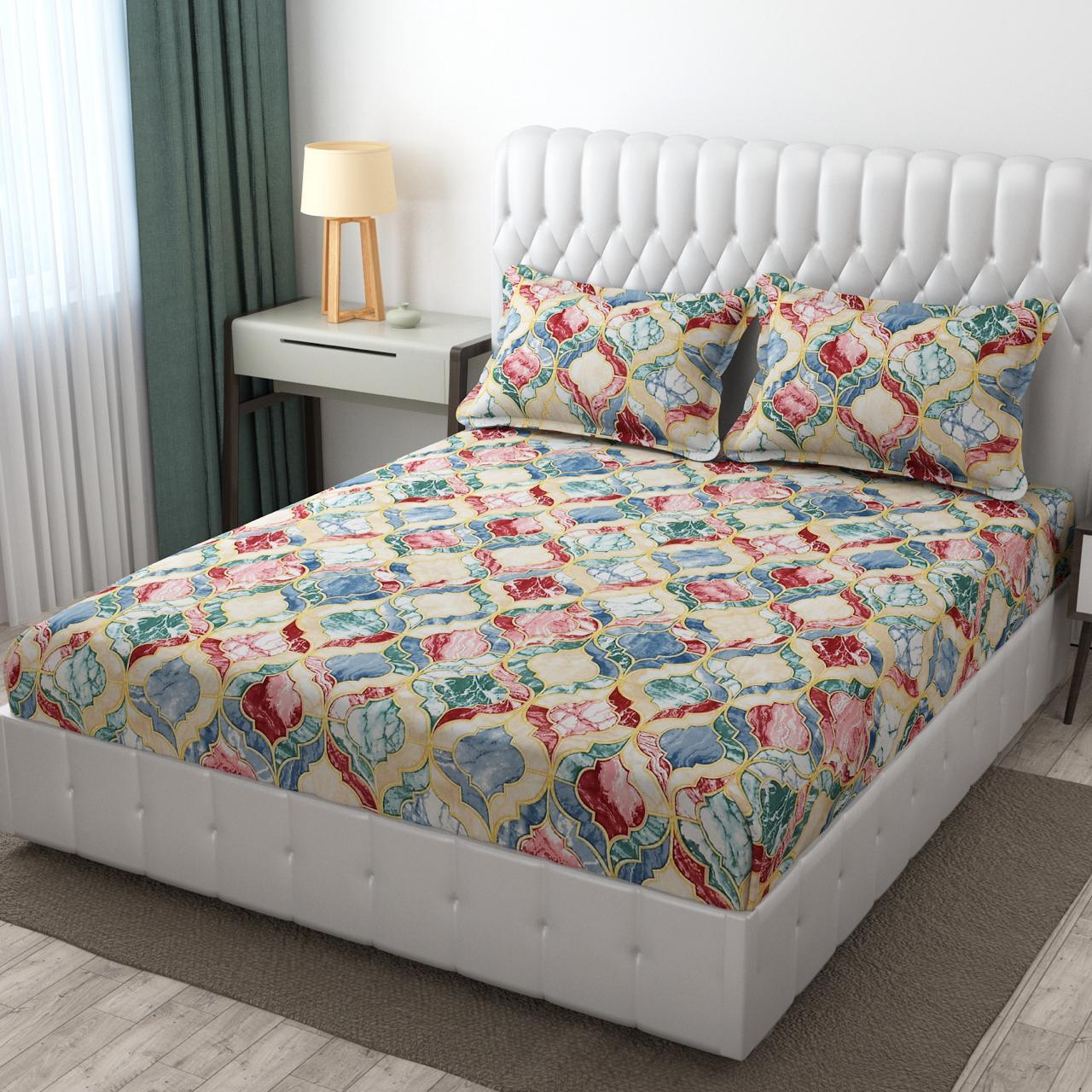 Premium Rich Colorful Design Cotton Elastic Fitted King Size Double Bed Bedsheet with 2 Pillow Covers (OFFER)