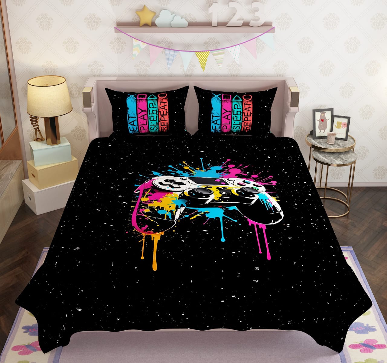 100% Cotton Kids Play Zone Double Bed Bedsheet with Pillow Covers - 250 Thread Counts