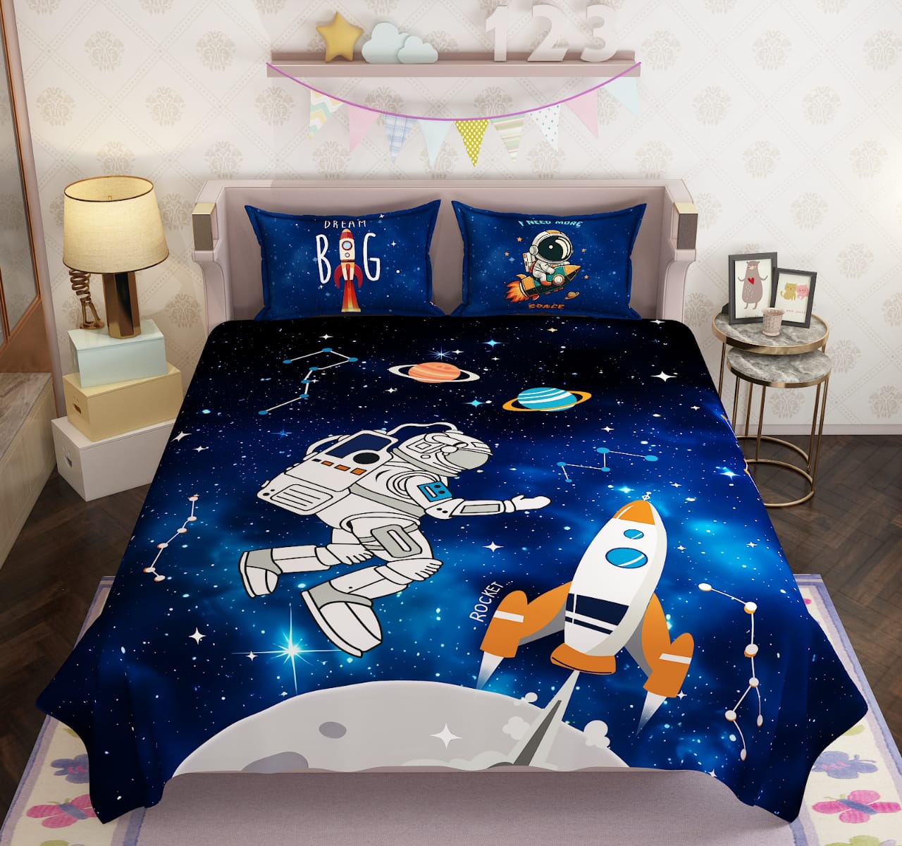 100% Cotton Kids Spaceship Double Bed Bedsheet with Pillow Covers - 250 Thread Counts