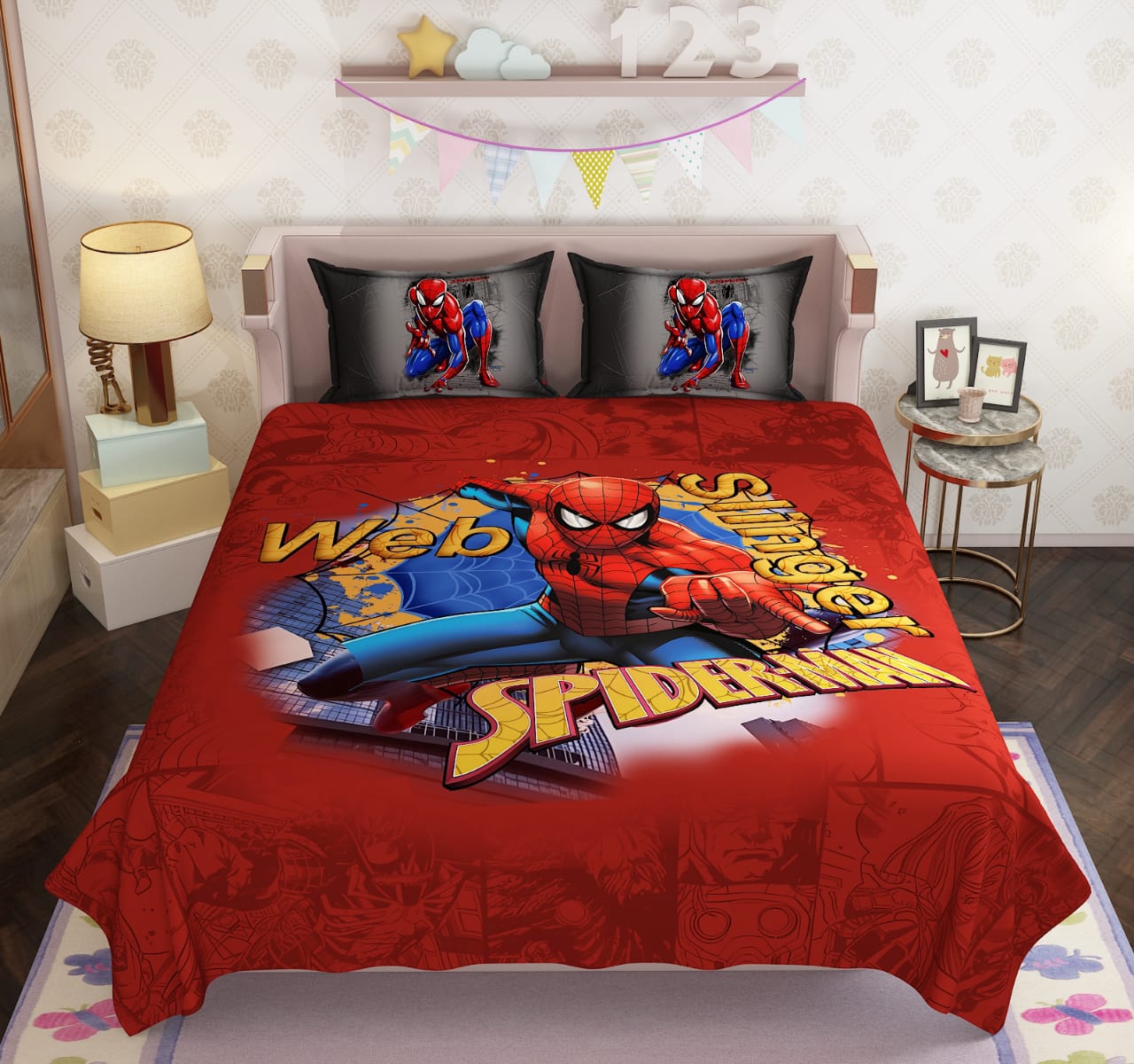 100% Cotton Kids Spiderman Double Bed Bedsheet with Pillow Covers - 250 Thread Counts