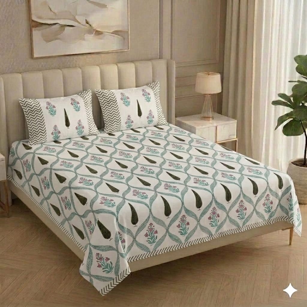 Pure Handblock King Size Bedsheets with 2 pillow covers