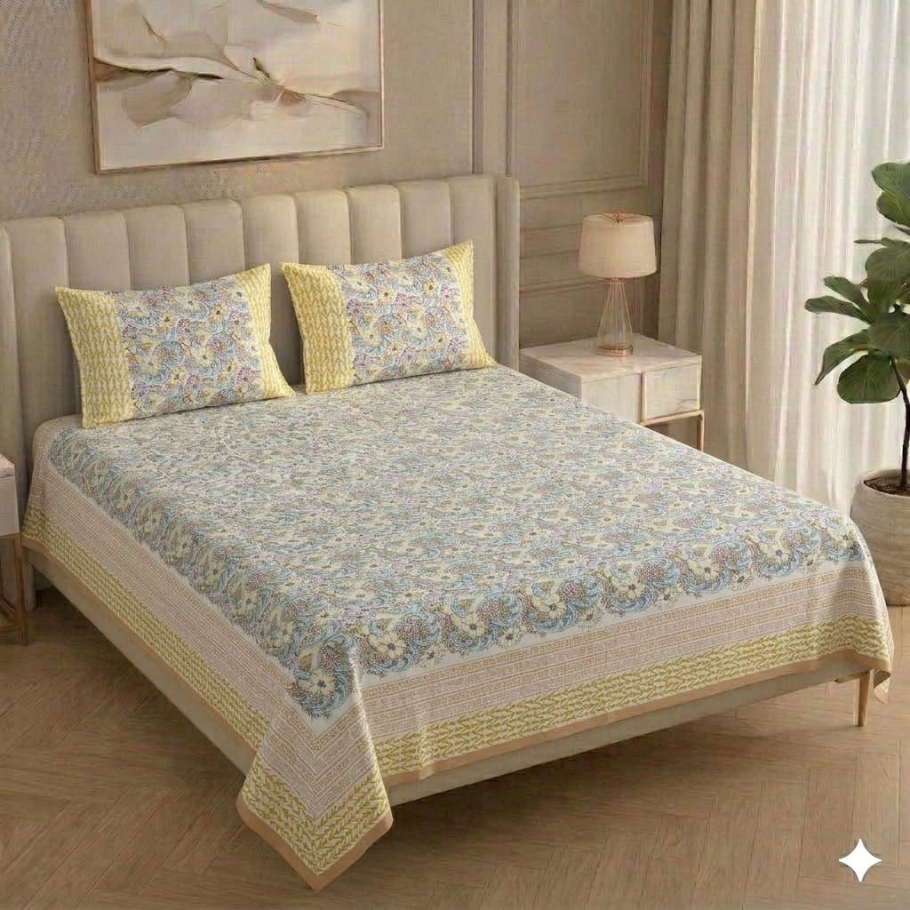 Pure Handblock King Size Bedsheets with 2 pillow covers