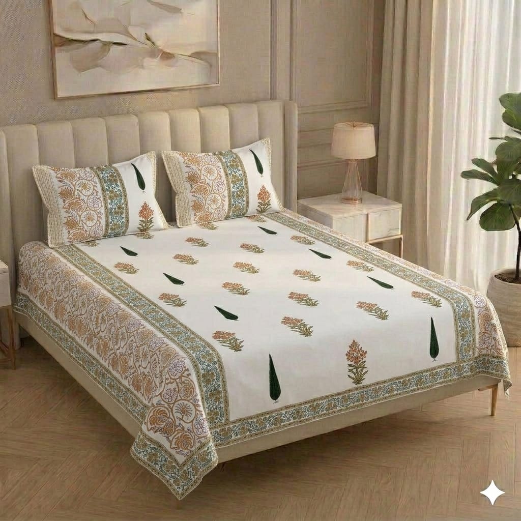 Pure Handblock King Size Bedsheets with 2 pillow covers