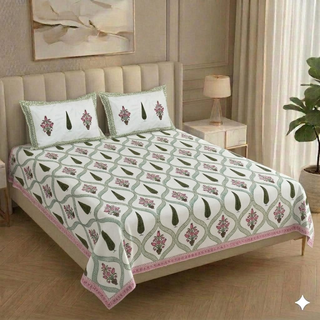 Pure Handblock King Size Bedsheets with 2 pillow covers