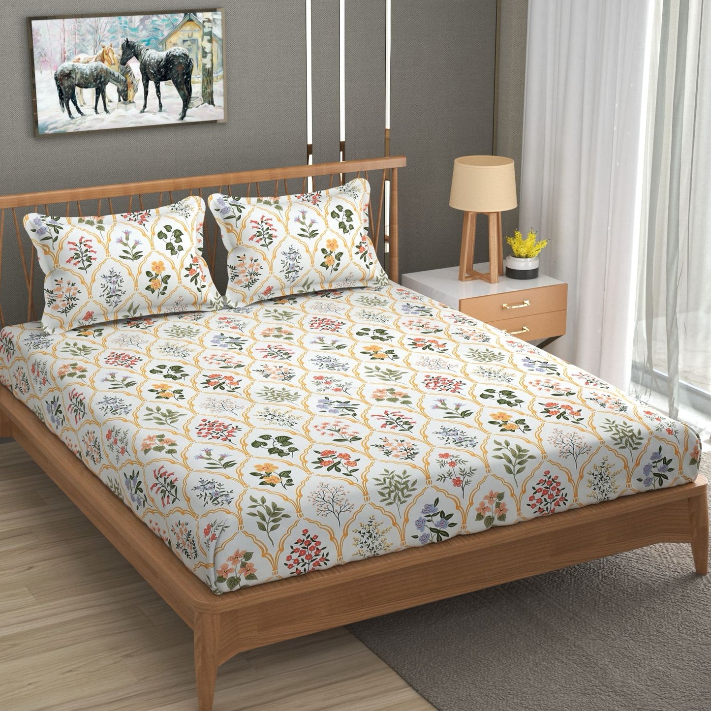 BOGO Fabicra Elegant Floral Cotton Elastic Fitted King Size Double Bed Bedsheet with 2 Pillow Covers