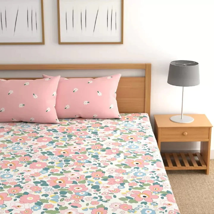 Fabicra White Floral Cotton Blend Elastic Fitted King Bedsheet with 2 Pillow Covers (OFFER)