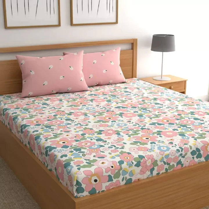 Fabicra White Floral Cotton Blend Elastic Fitted King Bedsheet with 2 Pillow Covers (OFFER)