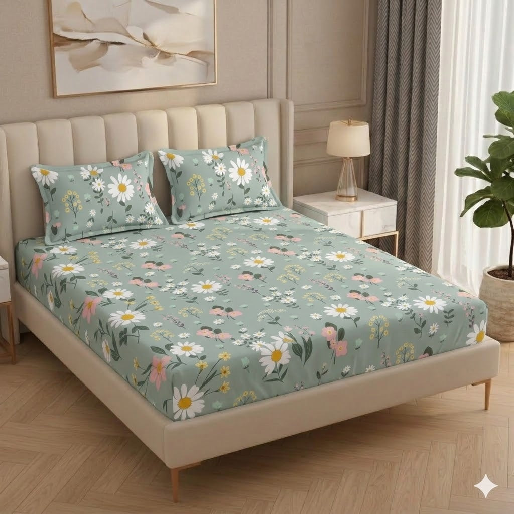 Fabicra Summer Cotton Elastic Fitted King Size Double Bed Bedsheet with 2 Pillow Covers (OFFER)