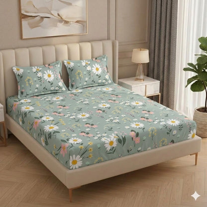 Fabicra Summer Cotton Elastic Fitted King Size Double Bed Bedsheet with 2 Pillow Covers (OFFER)