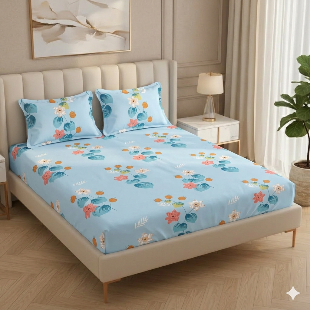 Fabicra Summer Cotton Elastic Fitted King Size Double Bed Bedsheet with 2 Pillow Covers (BOGO)