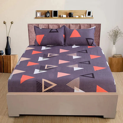 BOGO Fabicra Navy Blue Geometric Cotton Blend Elastic Fitted King Bedsheet with 2 Pillow Covers