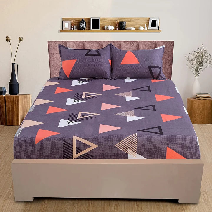 Fabicra Navy Blue Geometric Cotton Blend Elastic Fitted King Bedsheet with 2 Pillow Covers