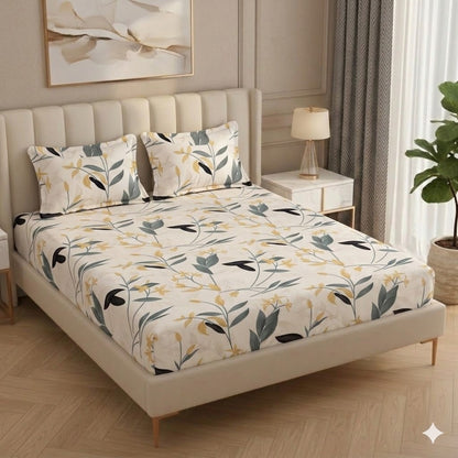 Fabicra Summer Cotton Elastic Fitted King Size Double Bed Bedsheet with 2 Pillow Covers (OFFER)