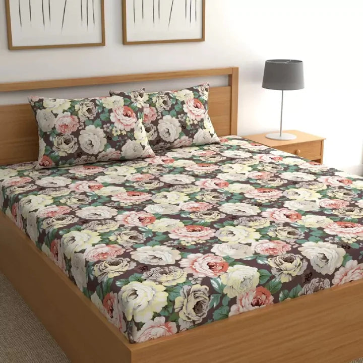 Fabicra Brown Floral Cotton Blend Elastic Fitted King Size Double Bed Bedsheet with 2 Pillow Covers