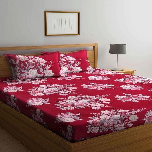 Fabicra Red Floral Cotton Blend Elastic Fitted King Bedsheet with 2 Pillow Covers