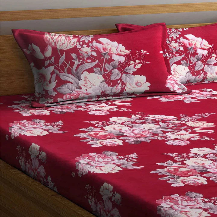 BOGO Fabicra Red Floral Cotton Blend Elastic Fitted King Bedsheet with 2 Pillow Covers