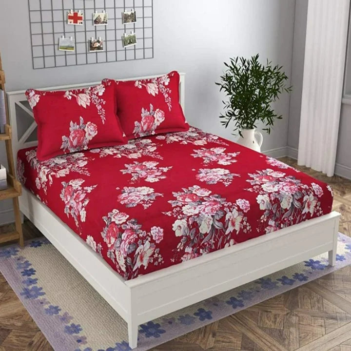 Fabicra Red Floral Cotton Blend Elastic Fitted King Bedsheet with 2 Pillow Covers