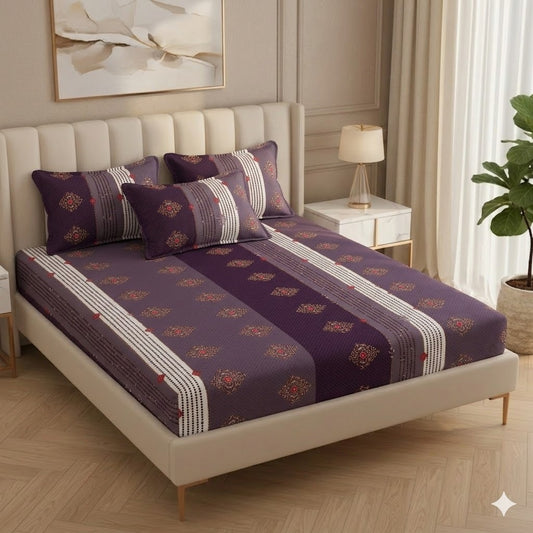Fabicra Bliss Purple Gradient Cotton Elastic Fitted King Size Bedsheet with 2 Pillow Covers (BOGO)