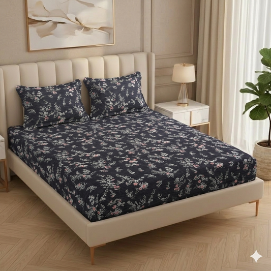 Fabicra Bliss Dark Cotton Elastic Fitted King Size Bedsheet with 2 Pillow Covers (BOGO)