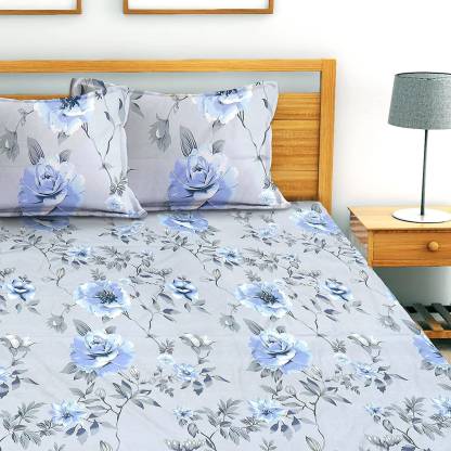 Fabicra Blue Floral Cotton Blend Elastic Fitted King Size Double Bed Bedsheet with 2 Pillow Covers