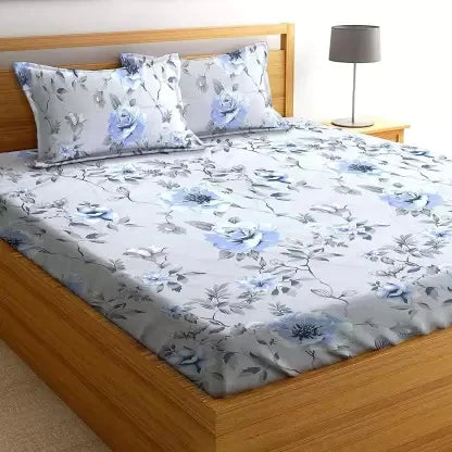 Fabicra Blue Floral Cotton Blend Elastic Fitted King Size Double Bed Bedsheet with 2 Pillow Covers