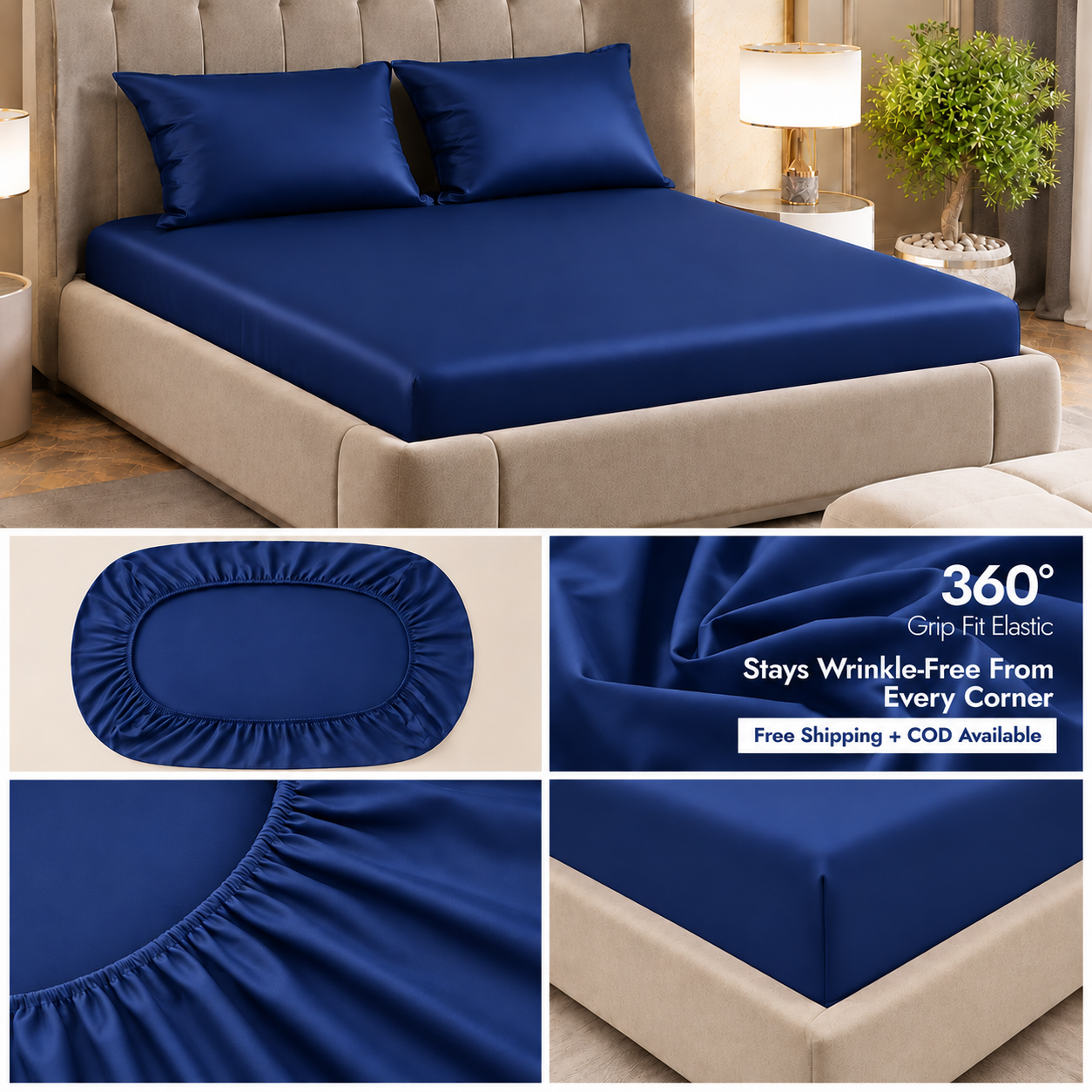 Fabicra Satin Elastic Fitted King Size Double Bed Bedsheet with 2 Pillow Covers