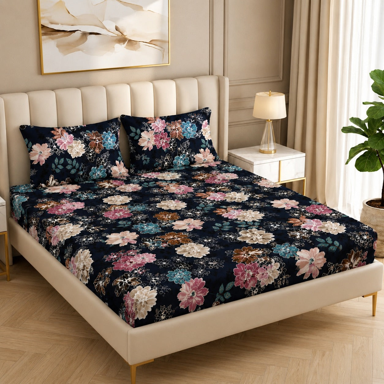 Fabicra Summer Cotton Elastic Fitted King Size Double Bed Bedsheet with 2 Pillow Covers (New)