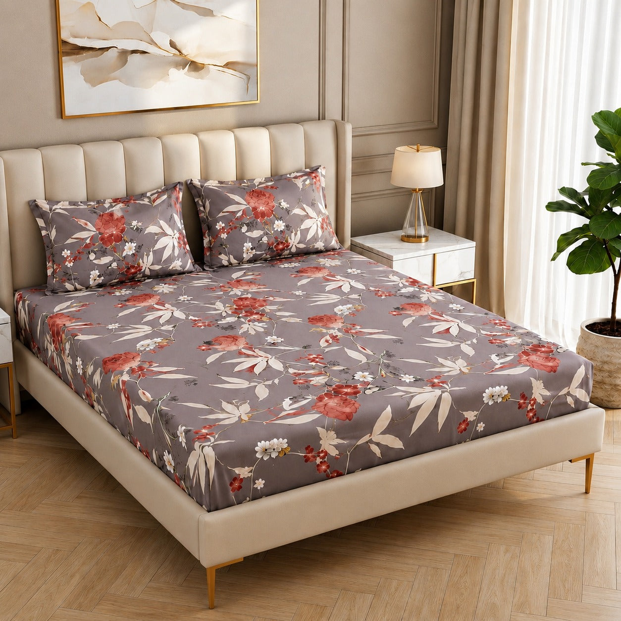 Fabicra Summer Cotton Elastic Fitted King Size Double Bed Bedsheet with 2 Pillow Covers (BOGO)