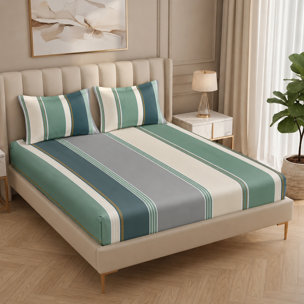 Fabicra Summer Cotton Elastic Fitted King Size Double Bed Bedsheet with 2 Pillow Covers (New)