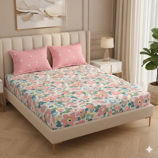 Fabicra White Floral Cotton Blend Elastic Fitted King Bedsheet with 2 Pillow Covers