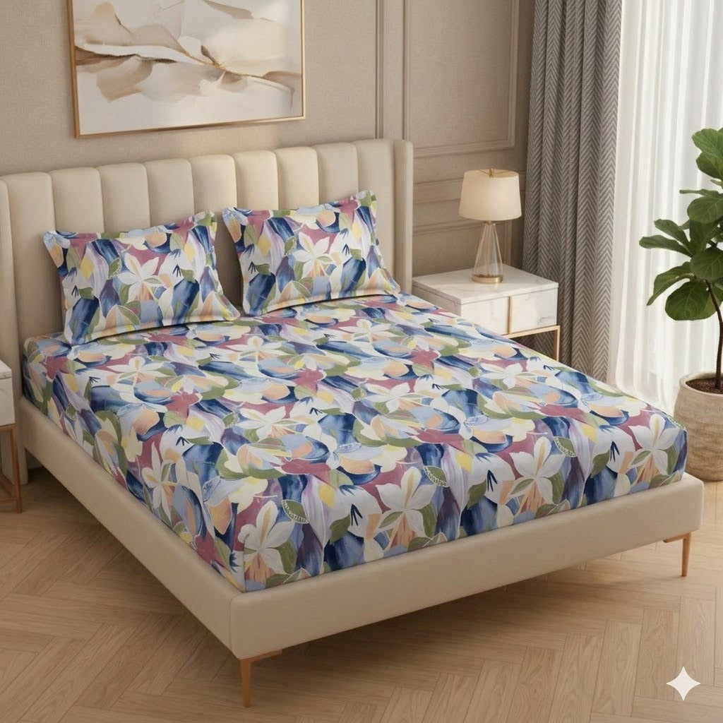 Premium Floral Bloom Design Cotton Elastic Fitted King Size Double Bed Bedsheet with 2 Pillow Covers