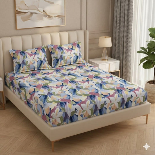 BOGO Premium Floral Bloom Design Cotton Elastic Fitted King Size Double Bed Bedsheet with 2 Pillow Covers