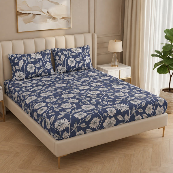 Fabicra Summer Cotton Elastic Fitted King Size Double Bed Bedsheet with 2 Pillow Covers (New)
