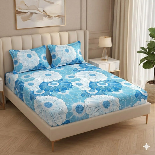 BOGO Fabicra Blue Blossom Cotton Elastic Fitted King Size Double Bed Bedsheet with 2 Pillow Covers