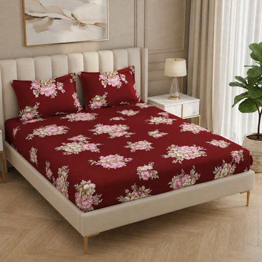 Fabicra Summer Cotton Elastic Fitted King Size Double Bed Bedsheet with 2 Pillow Covers (New)