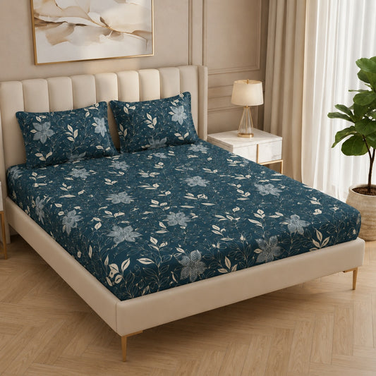 Fabicra Summer Cotton Elastic Fitted King Size Double Bed Bedsheet with 2 Pillow Covers (New)